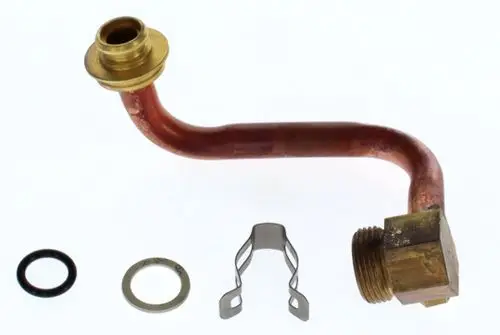 Kupferrohr mit einer gebogenen Form, einem männlichen Gewinde und einer Verbindung für eine Dichtung. Zubehörteile, einschließlich Dichtungen und Clips, sind ebenfalls abgebildet. Bosch.